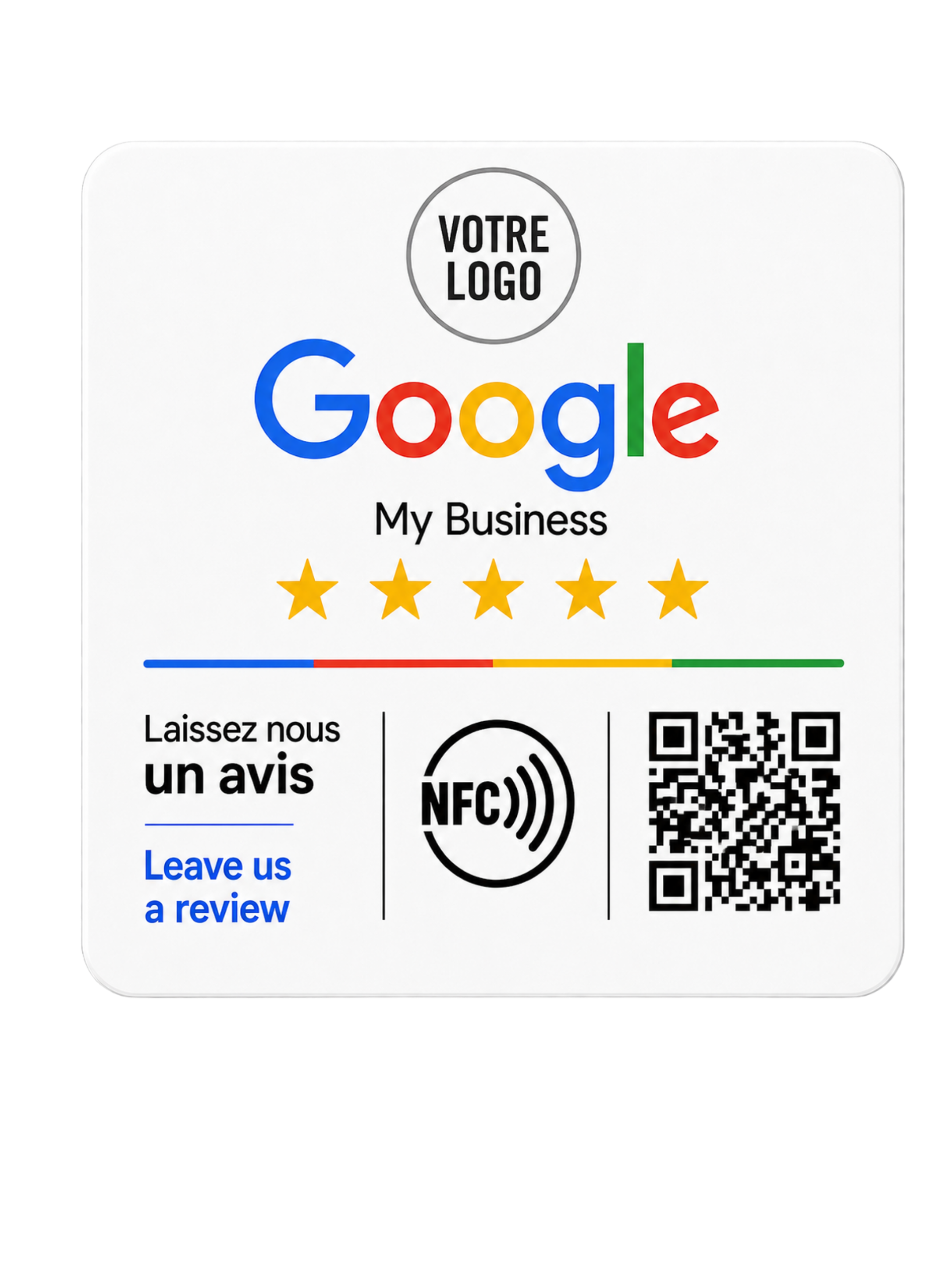 PLAQUE NFC GOOGLE REVIEW CARRÉE BLANCHE EN ACRYLIQUE & ADHÉSIF 3M